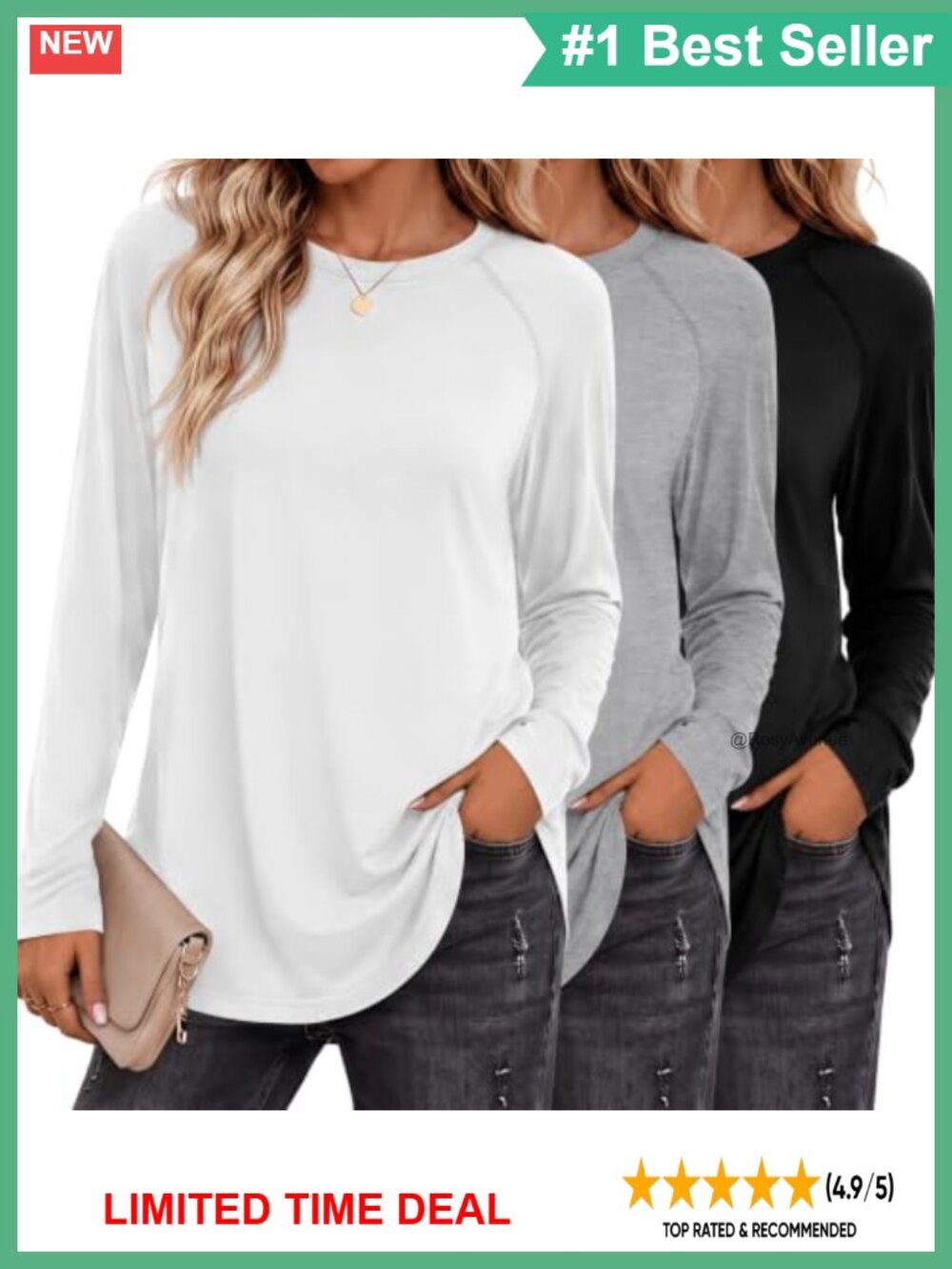 3 Pack Womens Raglan Long Sleeve Tunic Tops Crew Neck Loose Fit Shirts